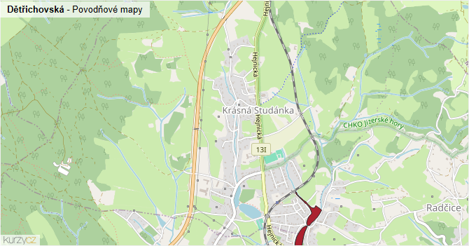 Dětřichovská - záplavové mapy stoleté vody