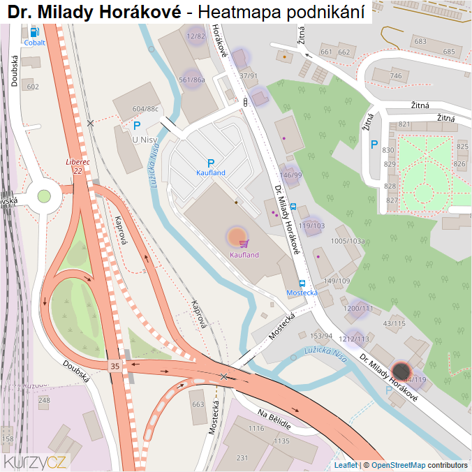 Mapa Dr. Milady Horákové - Firmy v ulici.