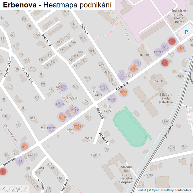 Mapa Erbenova - Firmy v ulici.