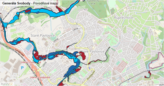 Generála Svobody - záplavové mapy stoleté vody