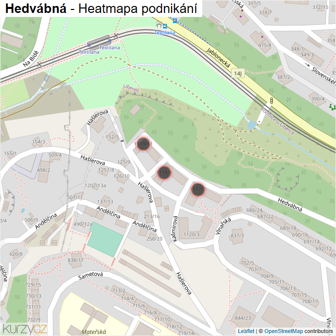 Mapa Hedvábná - Firmy v ulici.