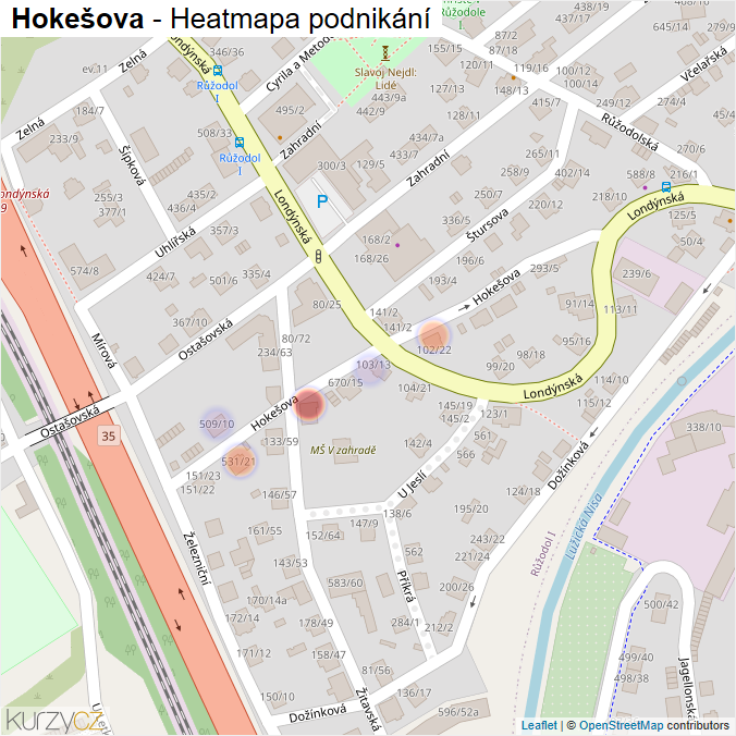 Mapa Hokešova - Firmy v ulici.