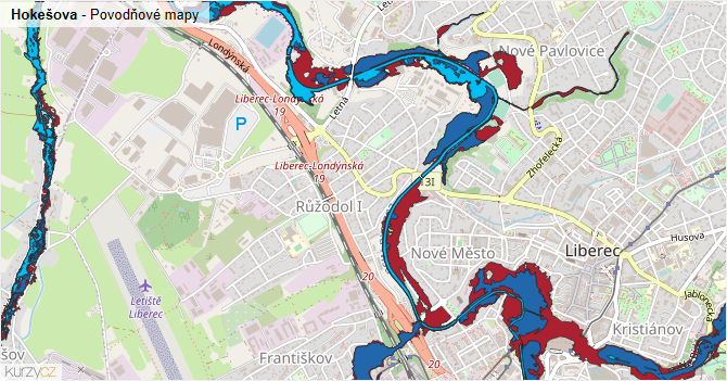 Hokešova - záplavové mapy stoleté vody