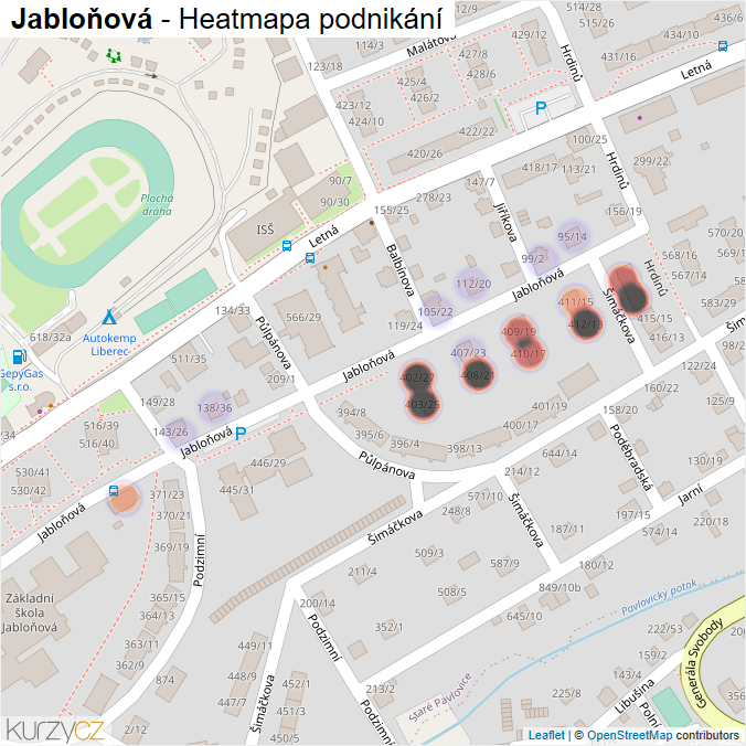 Mapa Jabloňová - Firmy v ulici.