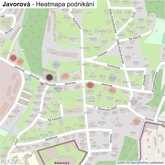 Mapa Javorová - Firmy v ulici.