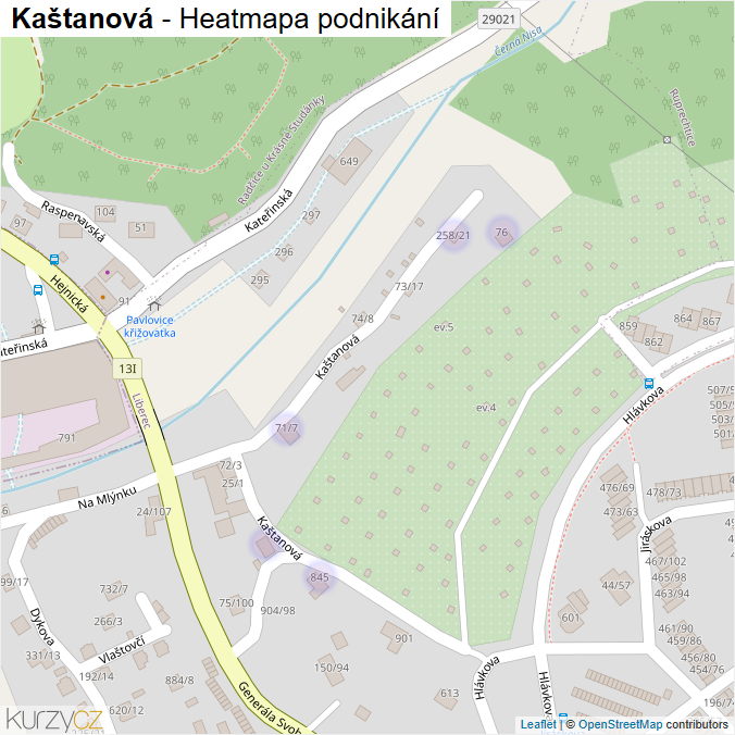 Mapa Kaštanová - Firmy v ulici.