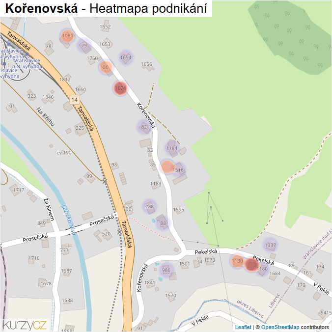 Mapa Kořenovská - Firmy v ulici.