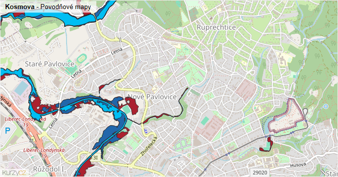 Kosmova - záplavové mapy stoleté vody