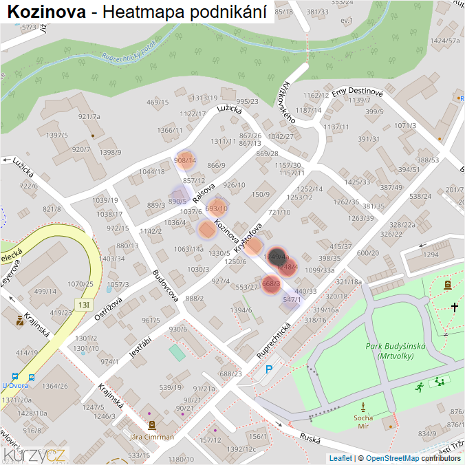 Mapa Kozinova - Firmy v ulici.