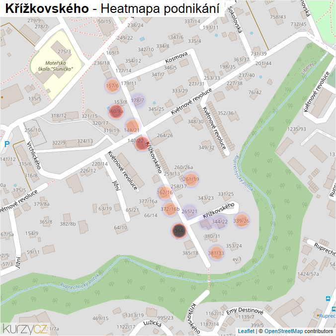 Mapa Křížkovského - Firmy v ulici.