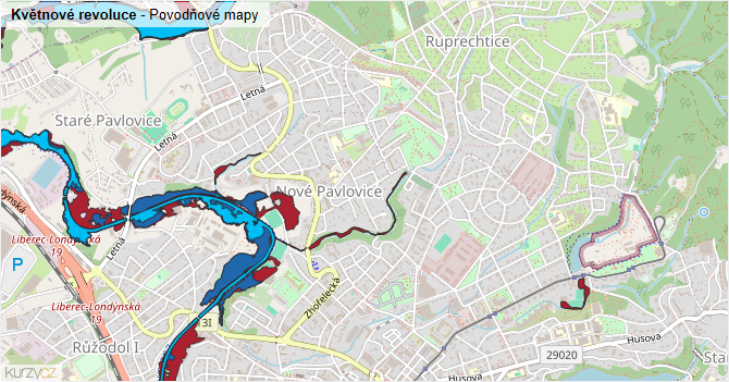 Květnové revoluce - záplavové mapy stoleté vody