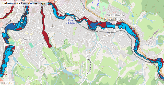 Leknínová - záplavové mapy stoleté vody