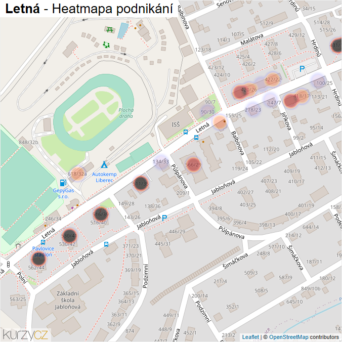 Mapa Letná - Firmy v ulici.