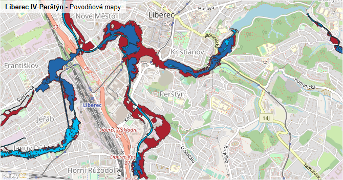 Liberec IV-Perštýn - záplavové mapy stoleté vody