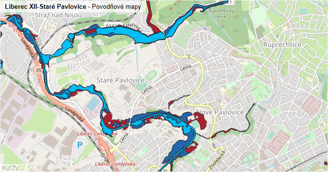 Liberec XII-Staré Pavlovice - záplavové mapy stoleté vody