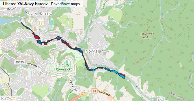 Liberec XVI-Nový Harcov - záplavové mapy stoleté vody