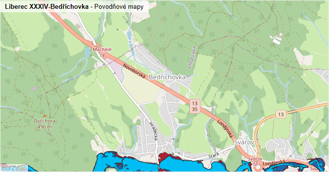 Liberec XXXIV-Bedřichovka - záplavové mapy stoleté vody