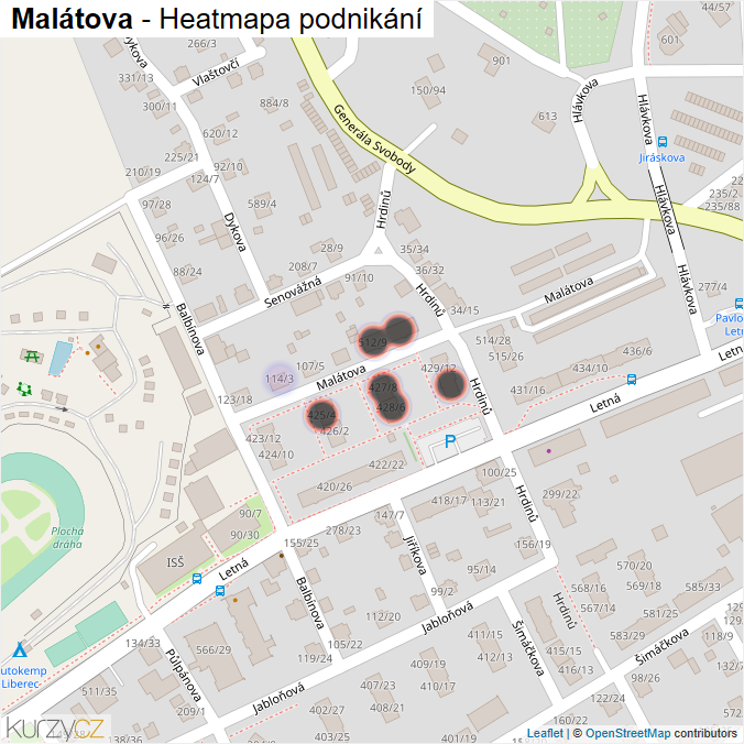Mapa Malátova - Firmy v ulici.