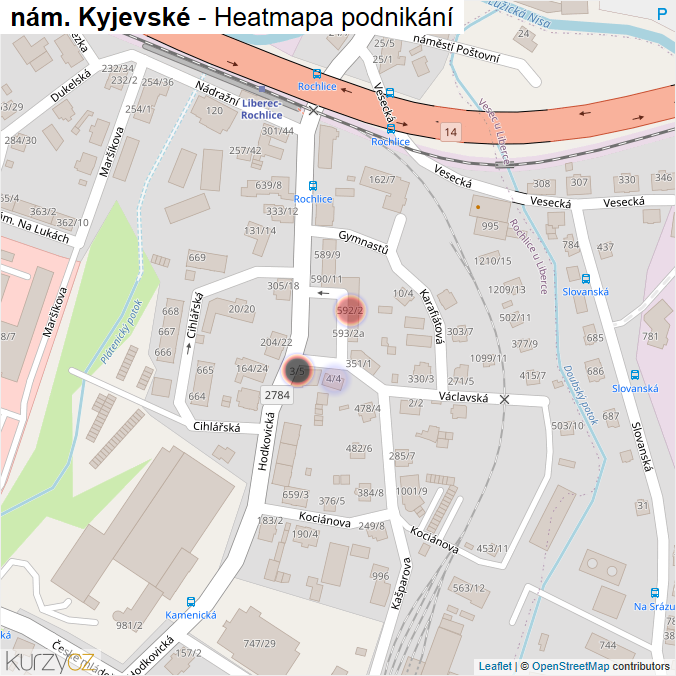 Mapa nám. Kyjevské - Firmy v ulici.