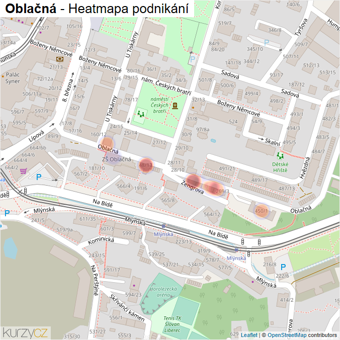 Mapa Oblačná - Firmy v ulici.
