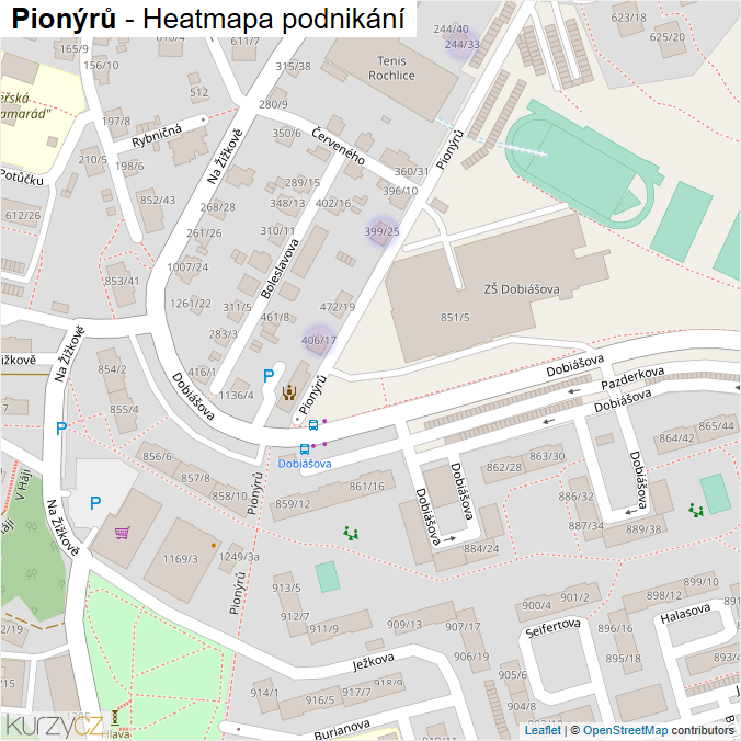 Mapa Pionýrů - Firmy v ulici.