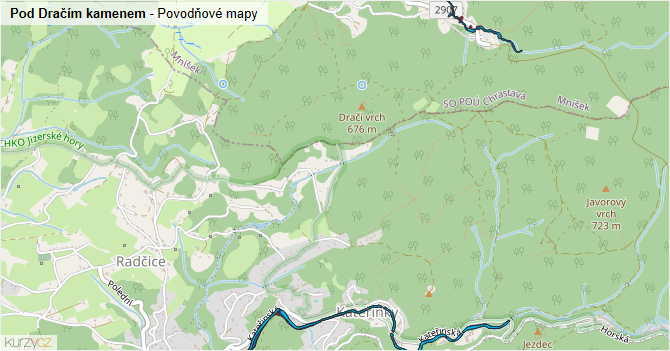 Pod Dračím kamenem - záplavové mapy stoleté vody