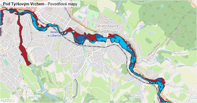 Pod Tyršovým Vrchem - záplavové mapy stoleté vody