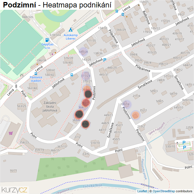 Mapa Podzimní - Firmy v ulici.