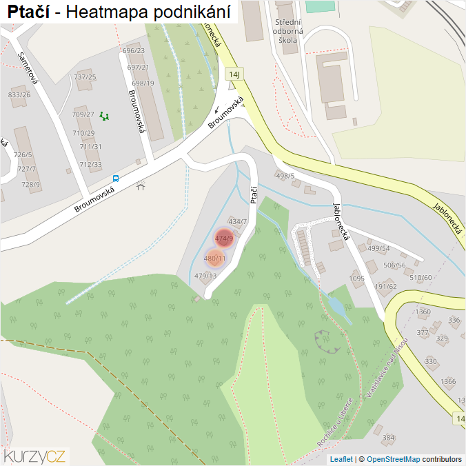 Mapa Ptačí - Firmy v ulici.