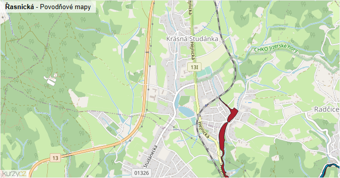 Řasnická - záplavové mapy stoleté vody