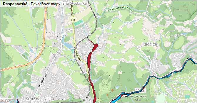 Raspenavská - záplavové mapy stoleté vody