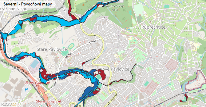 Severní - záplavové mapy stoleté vody