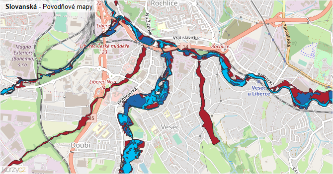 Slovanská - záplavové mapy stoleté vody