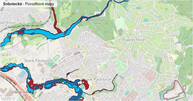 Sobotecká - záplavové mapy stoleté vody