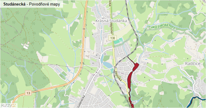 Studánecká - záplavové mapy stoleté vody