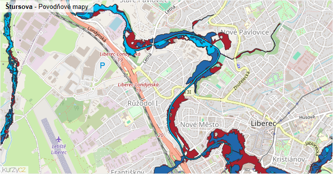 Štursova - záplavové mapy stoleté vody