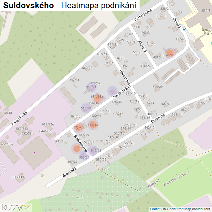 Mapa Suldovského - Firmy v ulici.