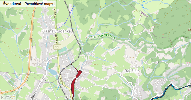 Švestková - záplavové mapy stoleté vody