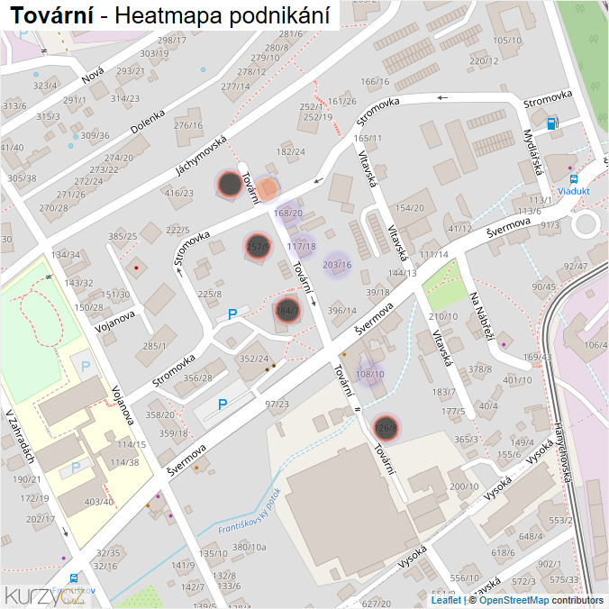 Mapa Tovární - Firmy v ulici.