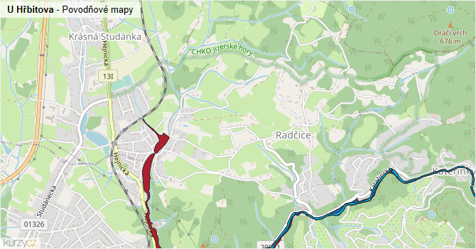 U Hřbitova - záplavové mapy stoleté vody