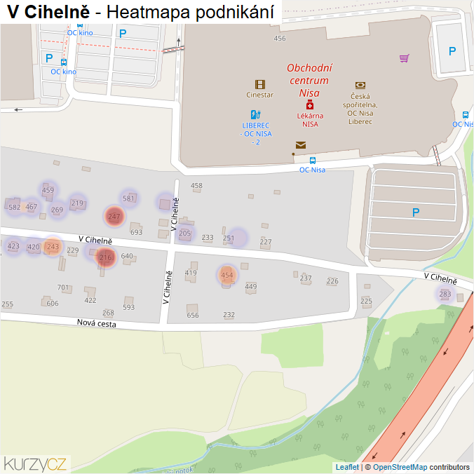 Mapa V Cihelně - Firmy v ulici.