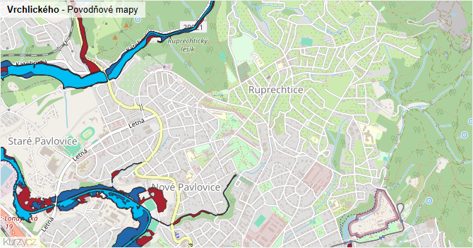 Vrchlického - záplavové mapy stoleté vody