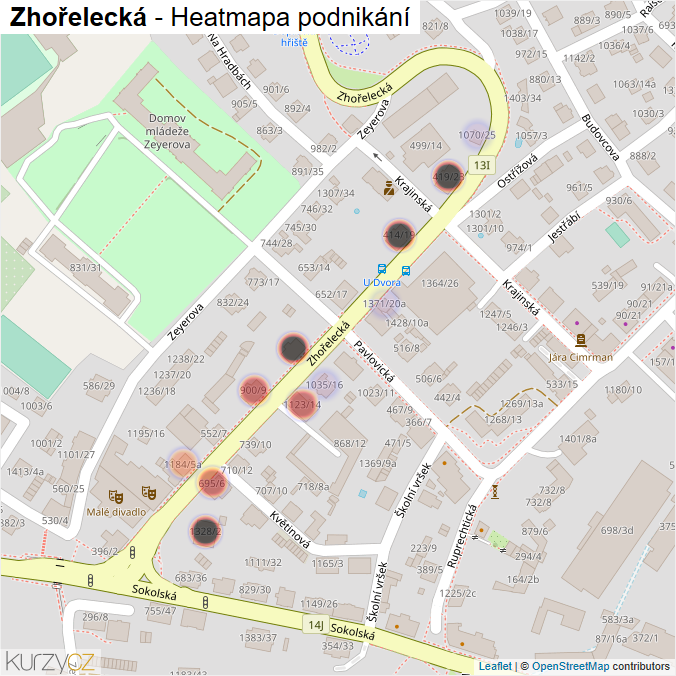 Mapa Zhořelecká - Firmy v ulici.