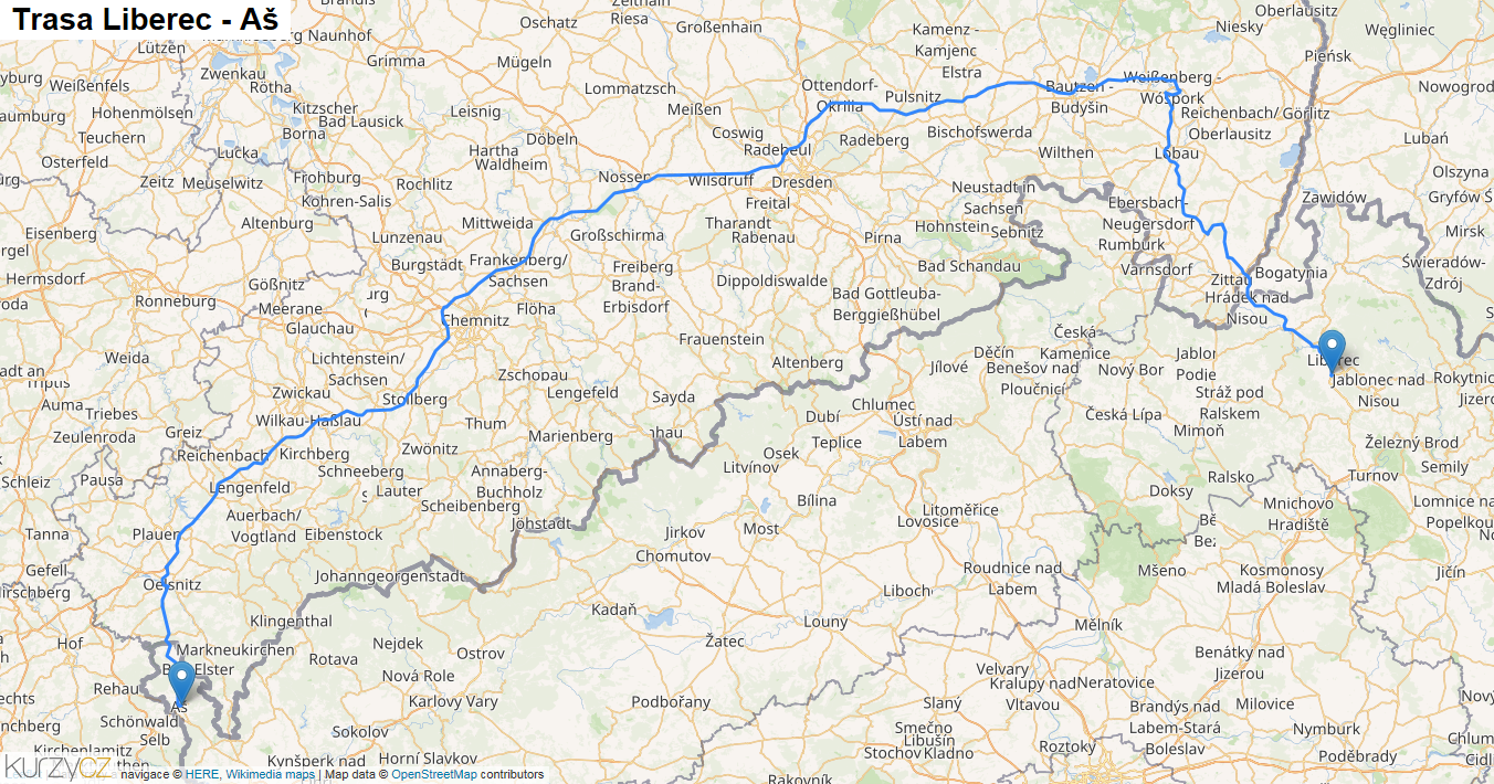 Liberec-Aš, mapa trasy