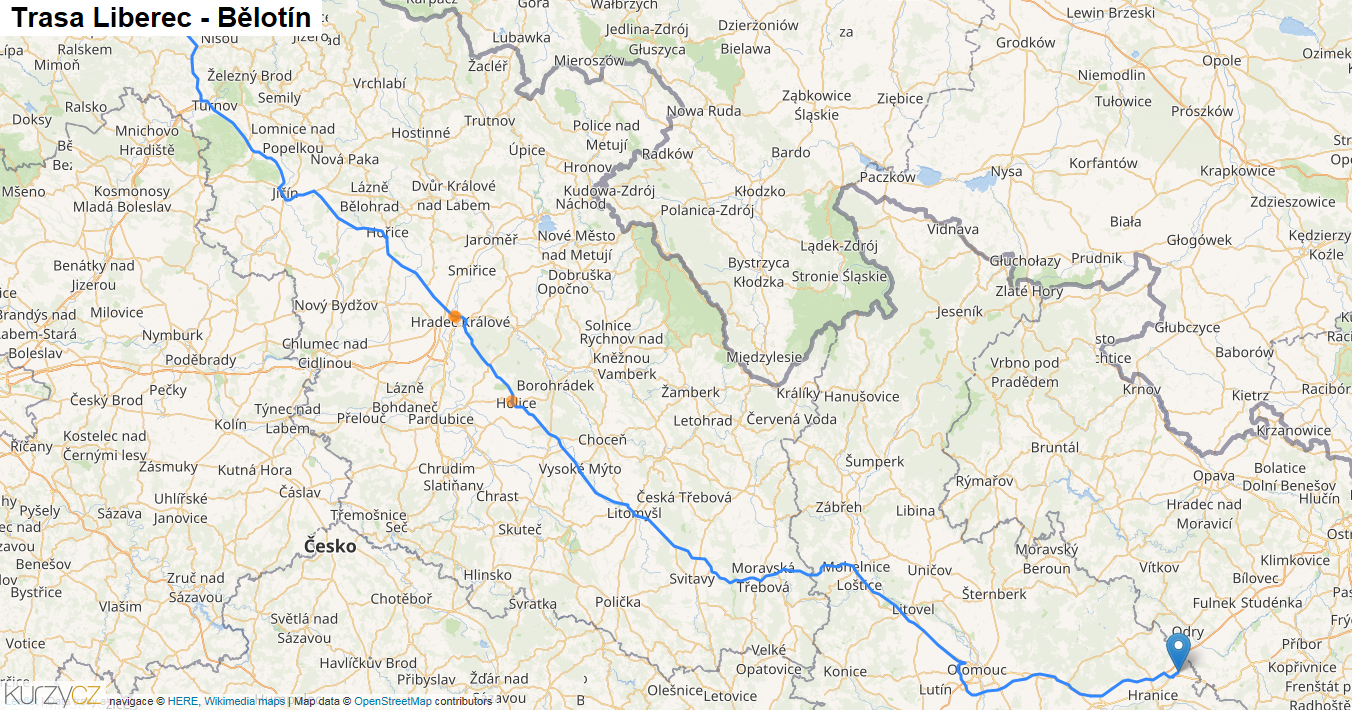 Liberec-Bělotín, mapa trasy