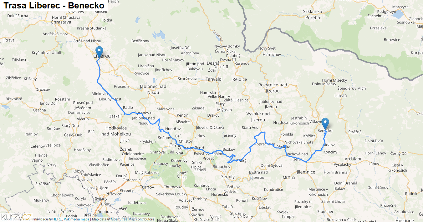Liberec-Benecko, mapa trasy
