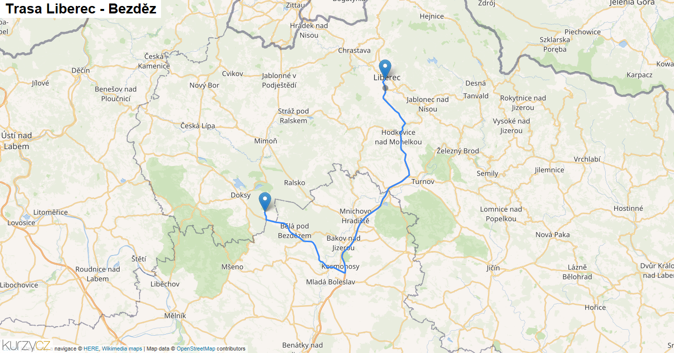 Liberec-Bezděz, mapa trasy