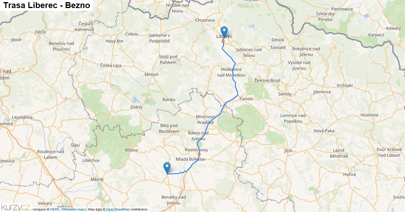 Liberec-Bezno, mapa trasy