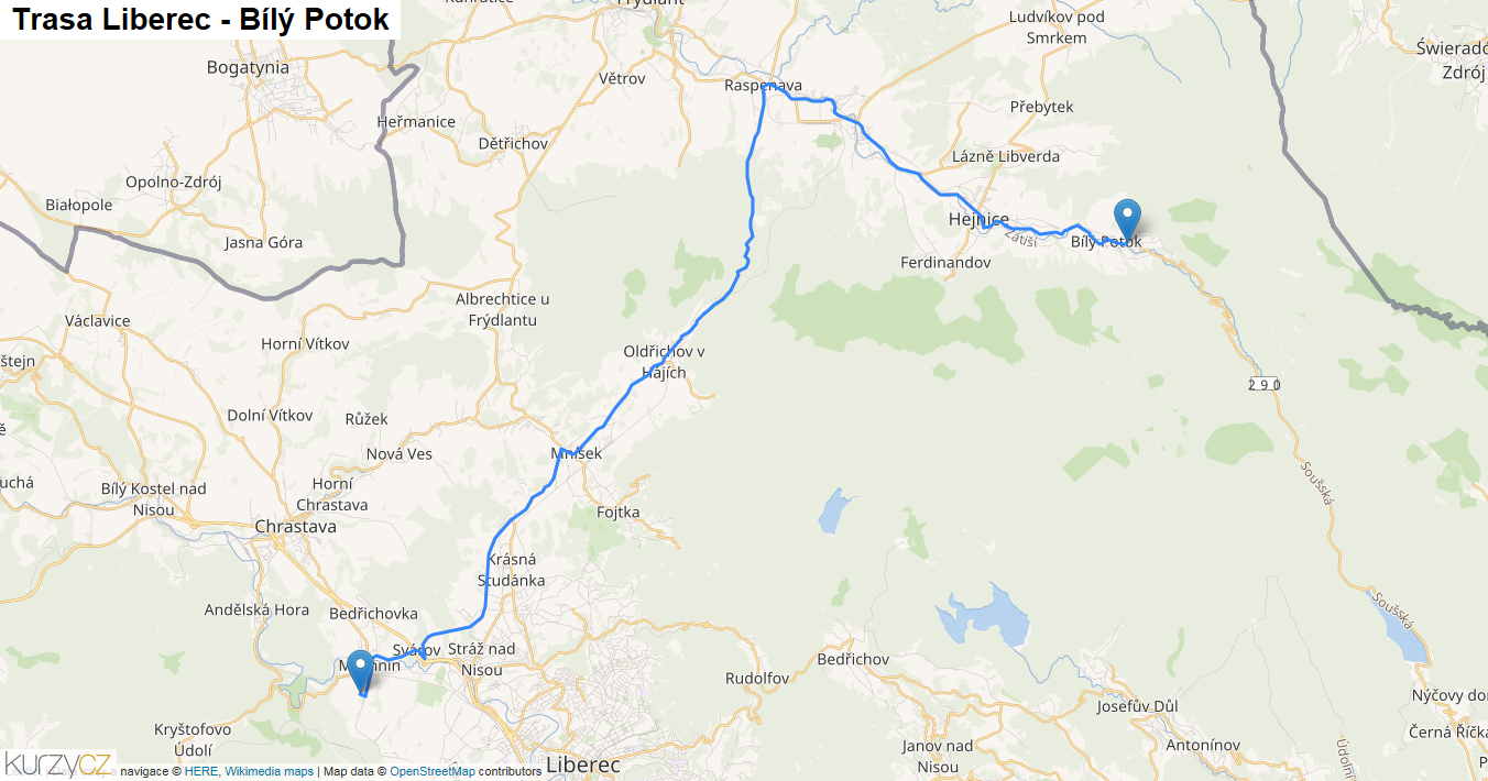 Liberec-Bílý Potok, mapa trasy
