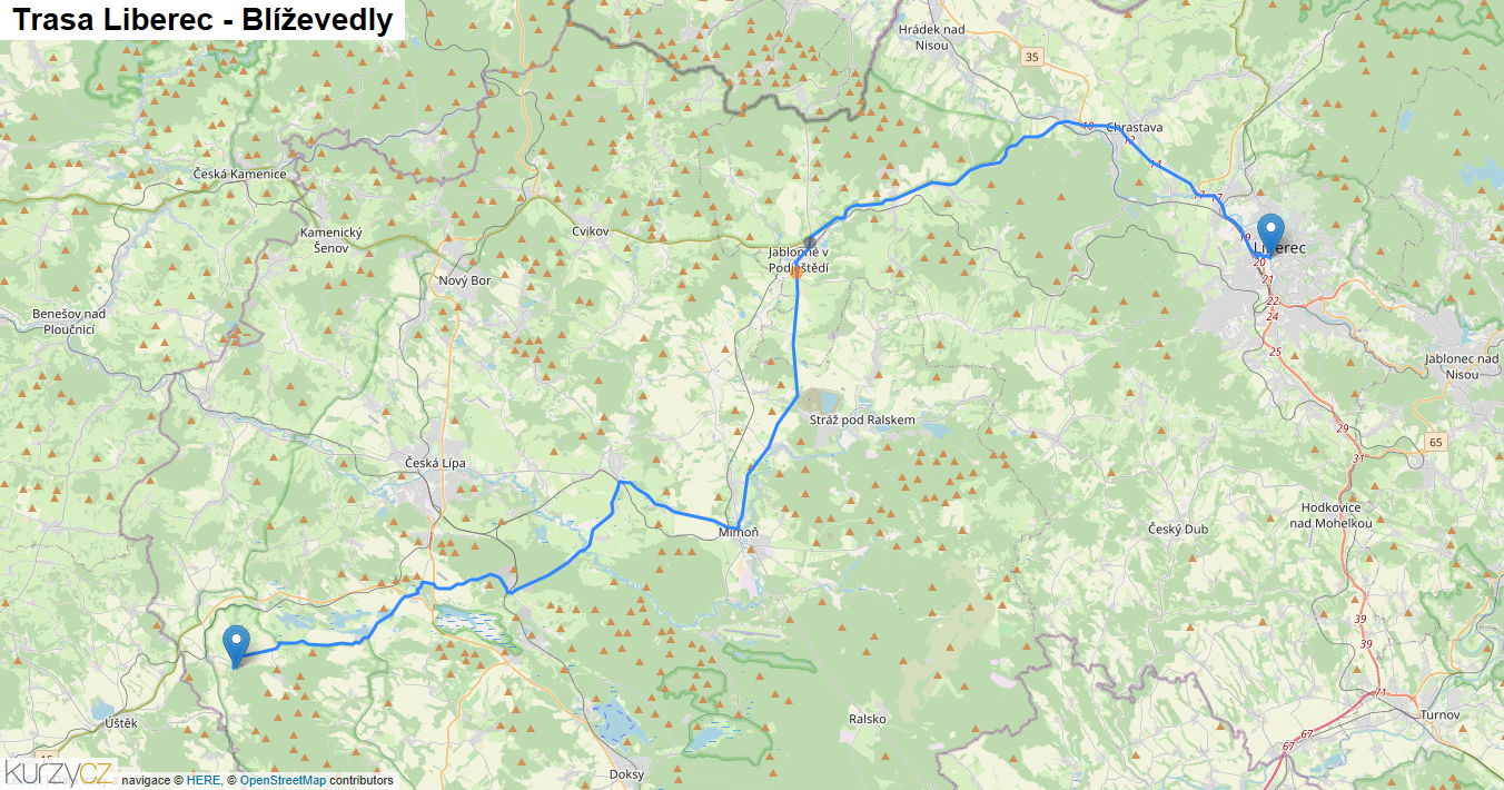 Liberec-Blíževedly, mapa trasy